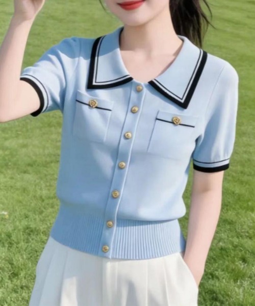 mielu（ミエル）の「襟付き配色ラインニット（カーディガン/ボレロ・レディース・ブルー・FREE）」の2枚目の写真