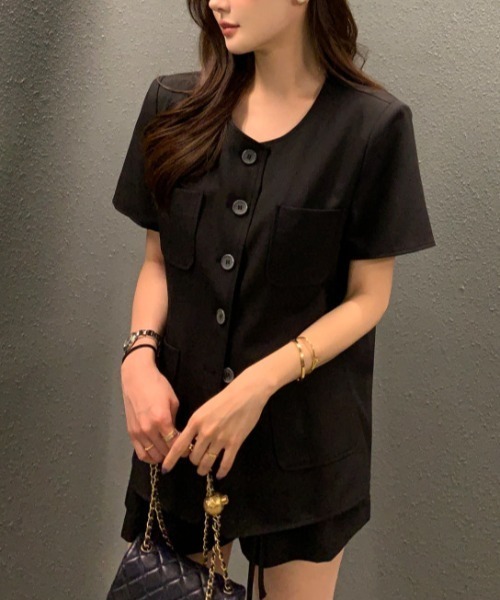FAVORITO(ファヴォリート)の「シングルブレストトップスショートパンツセットアップ(セットアップ・レディース・モカ/ブラック・F)」の4枚目の写真