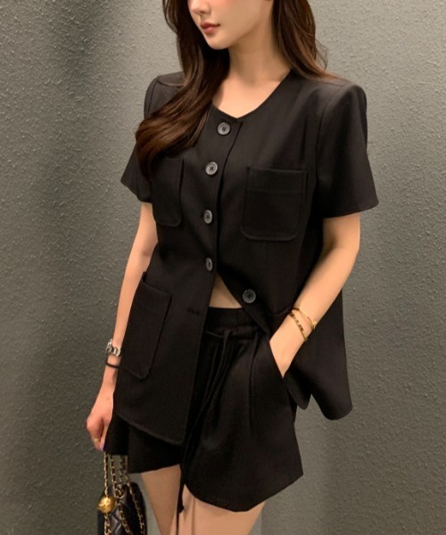 FAVORITO(ファヴォリート)の「シングルブレストトップスショートパンツセットアップ(セットアップ・レディース・モカ/ブラック・F)」の5枚目の写真