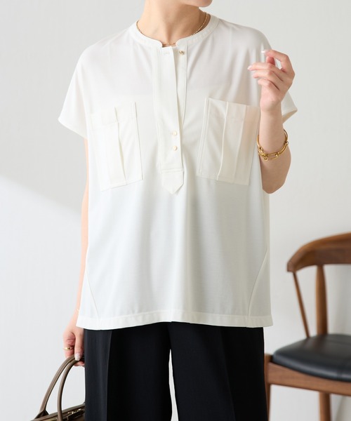 COLLAGE GALLARDAGALANTE(コラージュガリャルダガランテ)の「オフィスカジュアルに最適/キレイ目するTシャツ/ポケットデザインカットソー(Tシャツ/カットソー・レディース・ブラウン/オフホワイト/ブラック・FREE)」の5枚目の写真