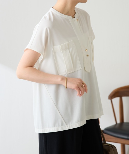COLLAGE GALLARDAGALANTE(コラージュガリャルダガランテ)の「オフィスカジュアルに最適/キレイ目するTシャツ/ポケットデザインカットソー(Tシャツ/カットソー・レディース・ブラウン/オフホワイト/ブラック・FREE)」の8枚目の写真