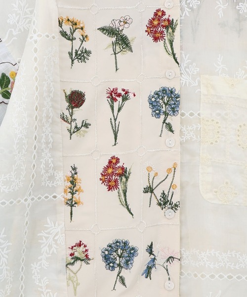 162601：花刺繍×コットンレース×シアー 異素材シャツ（シャツ/ブラウス