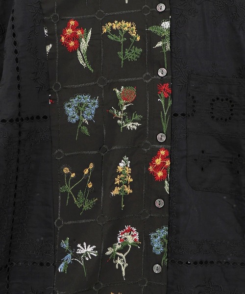 162601：花刺繍×コットンレース×シアー 異素材シャツ（シャツ/ブラウス