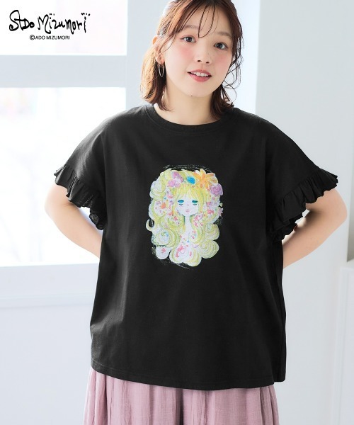SMILE LAND（スマイルランド）の「＜大きいサイズ＞【水森亜土】袖フリルプリントTシャツ（Tシャツ/カットソー・レディース・ブラック/オフホワイト/パープル・L/LL/3L/4L/5L）」の3枚目の写真