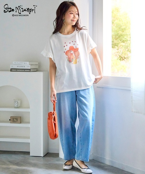 SMILE LAND（スマイルランド）の「＜大きいサイズ＞【水森亜土】袖フリルプリントTシャツ（Tシャツ/カットソー・レディース・ブラック/オフホワイト/パープル・L/LL/3L/4L/5L）」の4枚目の写真