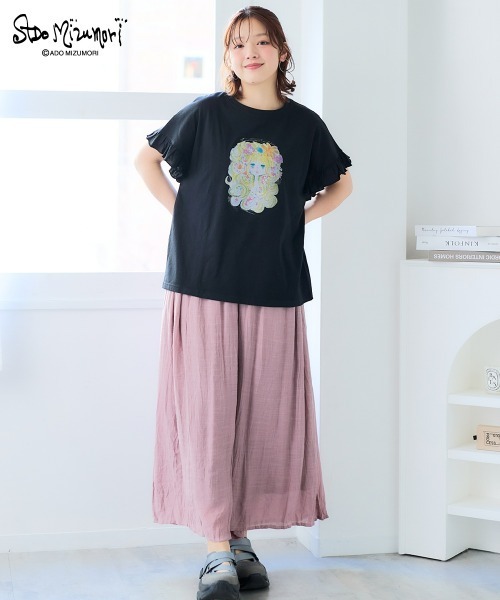 SMILE LAND（スマイルランド）の「＜大きいサイズ＞【水森亜土】袖フリルプリントTシャツ（Tシャツ/カットソー・レディース・ブラック/オフホワイト/パープル・L/LL/3L/4L/5L）」の7枚目の写真