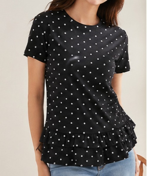 GORGE(ゴージ)の「《ドット柄×裾フリル》カットソー/大人フェミニン/春夏/全4色(Tシャツ/カットソー・レディース・ブラック/チャコール/オートミール/ネイビー・F)」の1枚目の写真