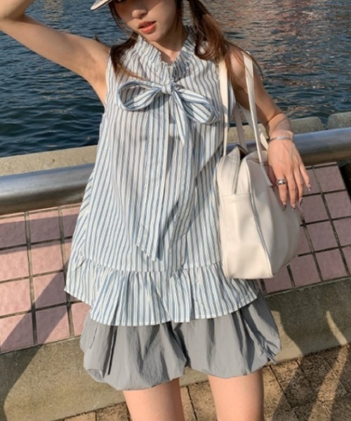 Vipoa(ヴィポア)の「ストライプスタンドアップカラーシャツ(シャツ/ブラウス・レディース・ブルー・FREE)」の5枚目の写真