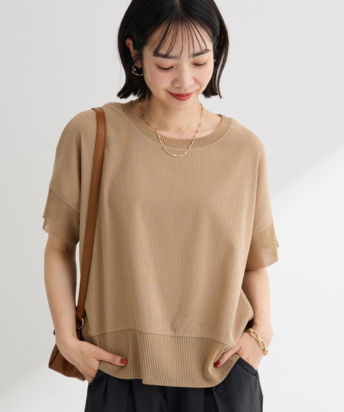 Green Parks(グリーンパークス)の「シアーリブ切替楊柳プルオーバー(Tシャツ/カットソー・レディース・チャコールグレー/オフホワイト/サックスブルー/ベージュ/ホワイト系その他2/グリーン系その他3/レッド・FREE)」の1枚目の写真