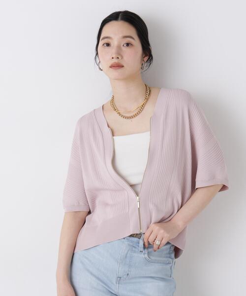 NANO universe(ナノユニバース)の「SUMMER VEIL KNIT ジップカーディガン(カーディガン/ボレロ・レディース・ホワイト/ダークブラウン/ライトピンク・FREE)」の3枚目の写真