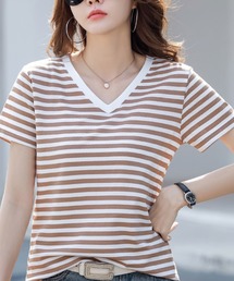 VネックボーダーTシャツ レディース 半袖 ゆったり カットソー