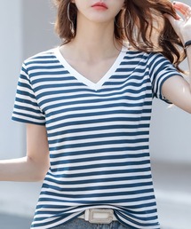 VネックボーダーTシャツ レディース 半袖 ゆったり カットソー