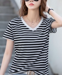 VネックボーダーTシャツ レディース 半袖 ゆったり カットソー