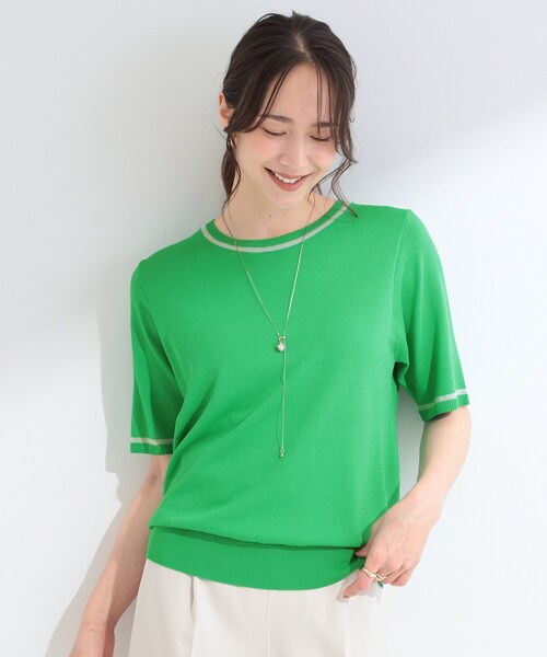 SHOO・LA・RUE(シューラルー)の「【洗濯機可/S-LL】キラッと華やか ラメライン五分袖ニット(ニット/セーター・レディース・グリーン/ブラウン系/ブラック・01/02/04/03)」の8枚目の写真