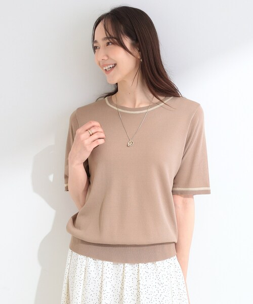 SHOO・LA・RUE(シューラルー)の「【洗濯機可/S-LL】キラッと華やか ラメライン五分袖ニット(ニット/セーター・レディース・グリーン/ブラウン系/ブラック・01/02/04/03)」の12枚目の写真