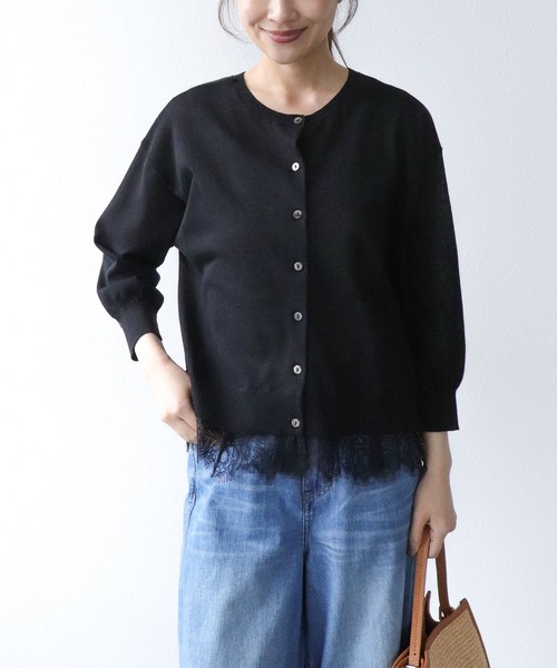 Jines(ジネス)の「ヘムレース2WAYカーディガン(カーディガン/ボレロ・レディース・ベージュ/ブラック・38)」の1枚目の写真