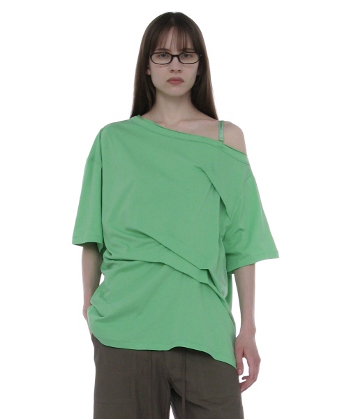 PARTIMENTO WOMEN(パルティメントウィメン)の「ドレープピンタックアシンメトリートップス_ネオングリーン(Tシャツ/カットソー・レディース・その他・SMALL/MEDIUM)」の1枚目の写真