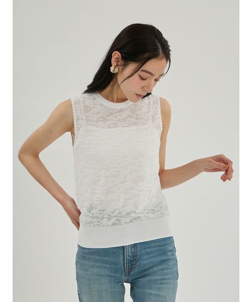 Mila Owen（ミラオーウェン）の「レースアンサンブルノースリニットプルオーバー（Tシャツ/カットソー・レディース・ブラック/ベージュ/ホワイト・F）」の4枚目の写真