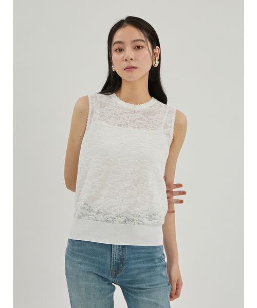 Mila Owen（ミラオーウェン）の「レースアンサンブルノースリニットプルオーバー（Tシャツ/カットソー・レディース・ブラック/ベージュ/ホワイト・F）」の5枚目の写真