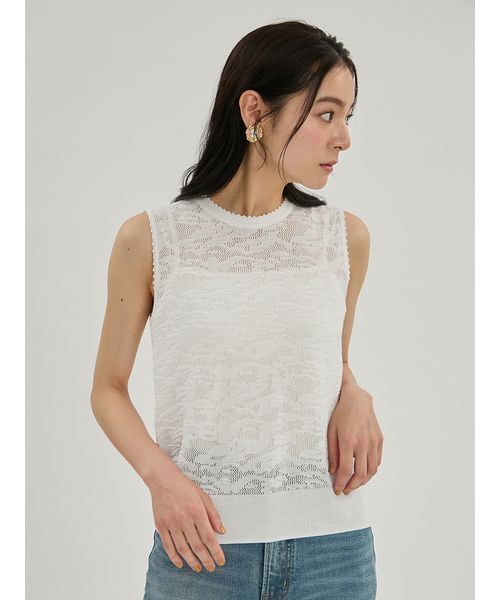 Mila Owen（ミラオーウェン）の「レースアンサンブルノースリニットプルオーバー（Tシャツ/カットソー・レディース・ブラック/ベージュ/ホワイト・F）」の6枚目の写真