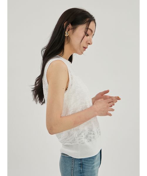Mila Owen（ミラオーウェン）の「レースアンサンブルノースリニットプルオーバー（Tシャツ/カットソー・レディース・ブラック/ベージュ/ホワイト・F）」の7枚目の写真