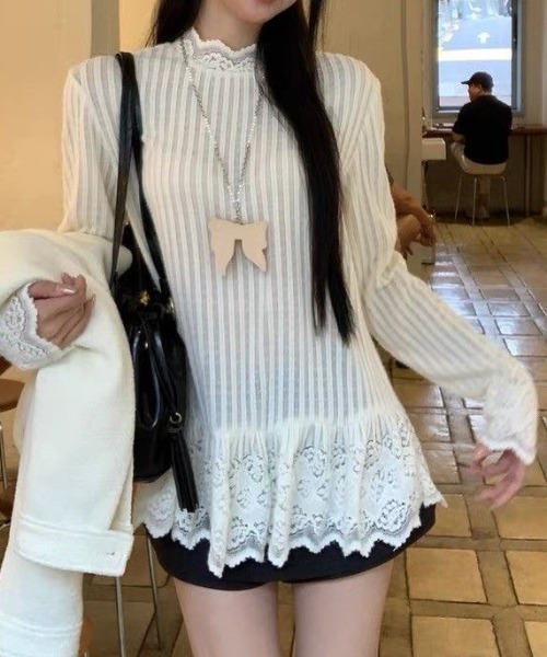 SHERU（シェル）の「ハイネックレース切り替えペプラムリブニット（Tシャツ/カットソー・レディース・アイボリー・M）」の10枚目の写真