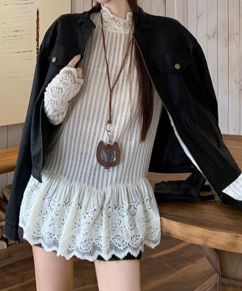 SHERU（シェル）の「ハイネックレース切り替えペプラムリブニット（Tシャツ/カットソー・レディース・アイボリー・M）」の3枚目の写真