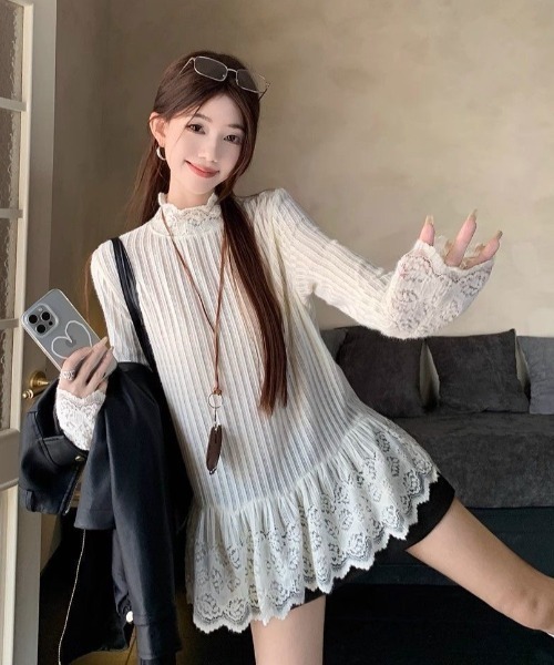 SHERU（シェル）の「ハイネックレース切り替えペプラムリブニット（Tシャツ/カットソー・レディース・アイボリー・M）」の7枚目の写真