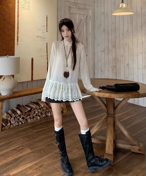 SHERU（シェル）の「ハイネックレース切り替えペプラムリブニット（Tシャツ/カットソー・レディース・アイボリー・M）」の9枚目の写真