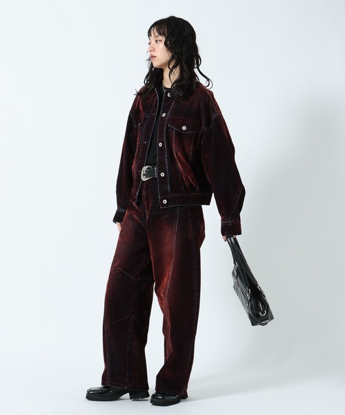 PAGEBOY（ページボーイ）の「フロッキーデニムGジャン/ジャケット【セットアップ対応】（デニムジャケット・レディース・ボルドー・FREE）」の2枚目の写真
