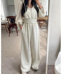 フード付きトップスワイドパンツセットアップ