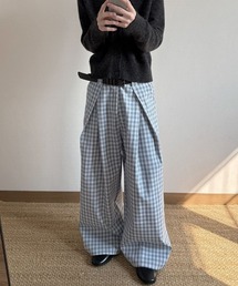 チェック柄クロスタックワイドパンツ