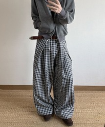 チェック柄クロスタックワイドパンツ