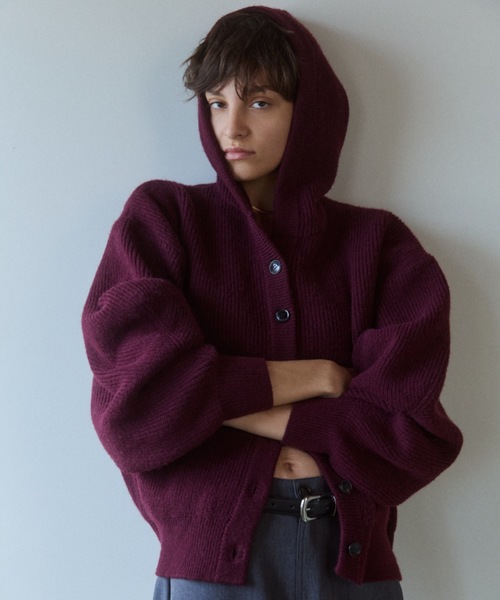 VION(ヴィオン)の「ボリュームスリーブフードニットカーディガン / Volume Sleeve Hooded Knit Cardigan(カーディガン/ボレロ・レディース・ブラック/ワイン・FREE)」の2枚目の写真
