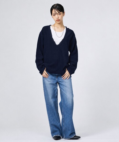 Johnbull（ジョンブル）の「【JOHNBULL/ジョンブル】ループヘリンボンダメージプルオーバー/ニット/ディープVネック【WEB限定】（ニット/セーター・レディース・グレー/ネイビー・フリー）」の4枚目の写真