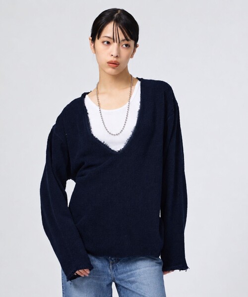 Johnbull（ジョンブル）の「【JOHNBULL/ジョンブル】ループヘリンボンダメージプルオーバー/ニット/ディープVネック【WEB限定】（ニット/セーター・レディース・グレー/ネイビー・フリー）」の5枚目の写真