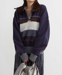 HL HALF-ZIP BORDER KNIT PULLOVER
