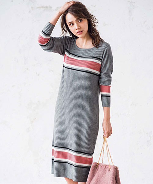 GeeRA（ジーラ）の「配色ニットリブワンピース（ワンピース・レディース・オフホワイト/グレー/ブラック・SMALL/MEDIUM/LARGE/X-LARGE）」の3枚目の写真