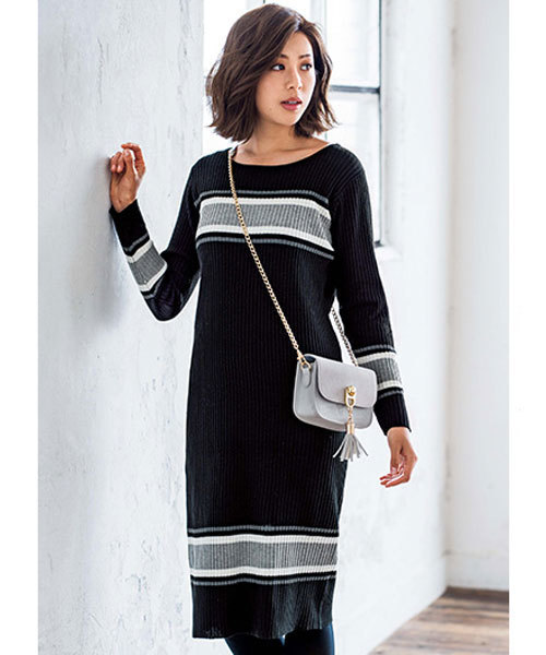 GeeRA（ジーラ）の「配色ニットリブワンピース（ワンピース・レディース・オフホワイト/グレー/ブラック・SMALL/MEDIUM/LARGE/X-LARGE）」の2枚目の写真