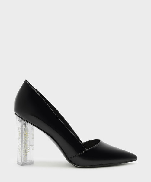 CHARLES & KEITH(チャールズ & キース)の「フローラルルーサイトヒールパンプス / FLORAL LUCITE HEEL PUMPS(パンプス・レディース・ブラック/シルバー・22.5cm/23cm/23.5cm/24.5cm/25cm)」の1枚目の写真
