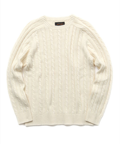 BEAMS PLUS（ビームスプラス）の「○BEAMS PLUS / ケーブル クルーネック ニット（ニット/セーター・メンズ・イエロー/パープル/ロイヤルブルー/ネイビー/ライトグリーン/ブラック/オフホワイト/オレンジ・MEDIUM/SMALL/X-LARGE/LARGE）」の2枚目の写真