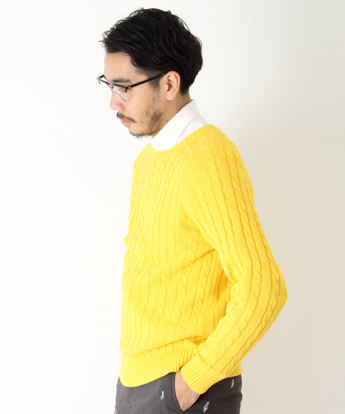 BEAMS PLUS（ビームスプラス）の「○BEAMS PLUS / ケーブル クルーネック ニット（ニット/セーター・メンズ・イエロー/パープル/ロイヤルブルー/ネイビー/ライトグリーン/ブラック/オフホワイト/オレンジ・MEDIUM/SMALL/X-LARGE/LARGE）」の9枚目の写真