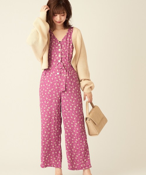 natural couture（ナチュラルクチュール）の「ドット花柄レトロオールインワン（サロペット/オーバーオール・レディース・ブラック/ベージュ/パープル・FREE）」の11枚目の写真