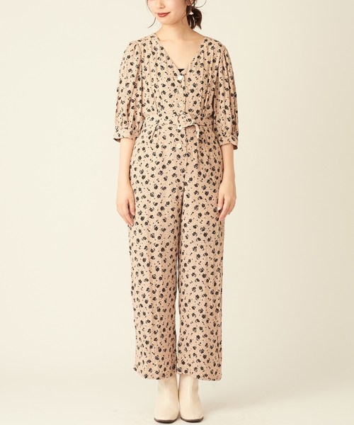 サロペット・オーバーオール・オールインワン Floral Pattern Acetate Rayon Jacquard セール】ドット花柄レトロオールインワン（サロペット