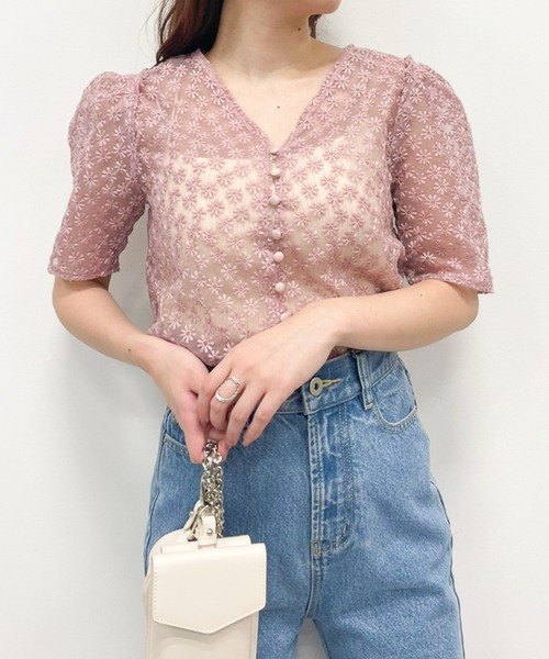 Heather（ヘザー）の「オーガンジーフラワー半袖ブラウス　954132（シャツ/ブラウス・レディース・ブラック系/アイボリー系/ピンク系・FREE）」の3枚目の写真