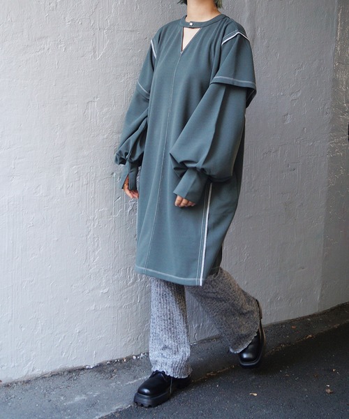 179/WG（イチナナキュウダブルジー）の「前後2WAY配色ステッチワンピース（ワンピース・レディース・ブラック/グリーン/マスタード・MEDIUM）」の9枚目の写真