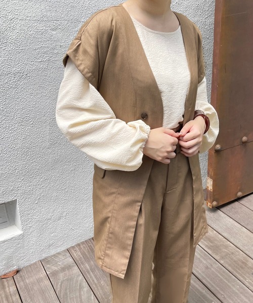 apres jour clair（アプレジュールクレア）の「【apres jour clair】ノーカラーベルト付きジレ【セットアップ可能】（ベスト・レディース・ベージュ/ライトベージュ/ダークブラウン・X-LARGE/フリー）」の14枚目の写真