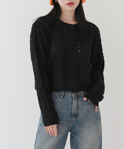 by muni:r（バイ ムニール）の「ねじり ラウンド ネック ニット カーディガン（ニット/セーター・レディース・アイボリー/ブラック/パープル・FREE）」の2枚目の写真