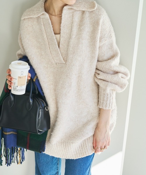 DISCOAT(ディスコート)の「スキッパーチュニック(ニット/セーター・レディース・アイボリー/グレー/グリーン・FREE)」の2枚目の写真