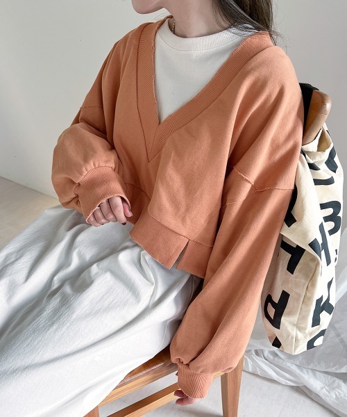 Bab（バブ）の「深Vネックショート丈スウェット（スウェット・レディース・ベージュ/ピンク/ライトグリーン・FREE）」の5枚目の写真